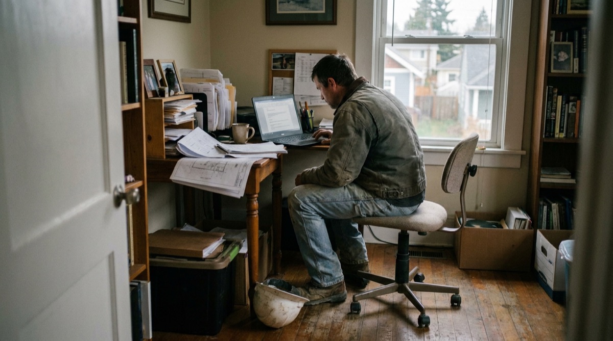 Contractor working from a home office desk with paperwork and a laptop